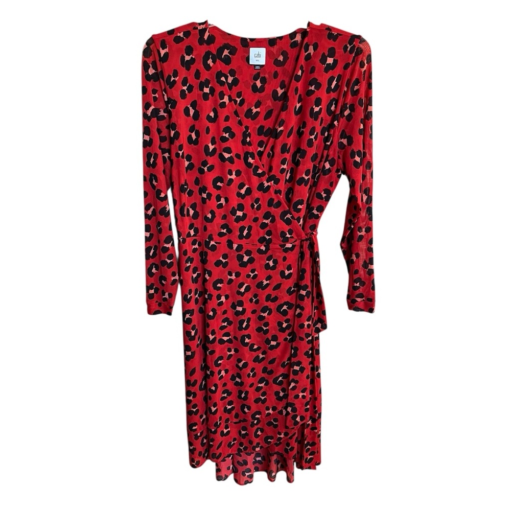 Cabi Siren Red Leopard Print Wrap Dress Layered Women’s sz XXL Long Sleeve Midi